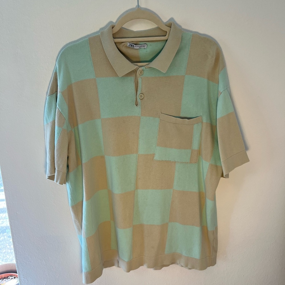 Men's Beige and Mint Checkered Polo Shirt